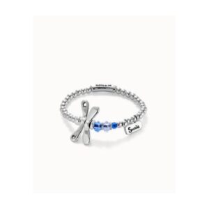 Pulsera Uno de 50 elástica con libélula bañada en plata de ley con cristales azules