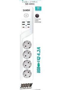 SANDA Regleta 4 Enchufes Schucko Con 4x Usb+2x Tipo C 3000W SD-4451 Referencia 8435481344510